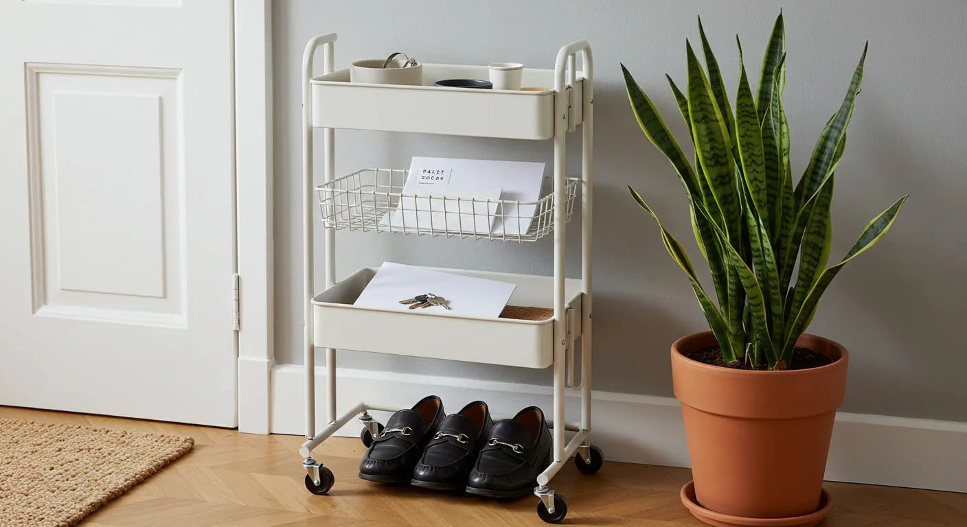 A white 3-tiered rolling cart used as a mobile mudroom for shoes, keys, and mail.