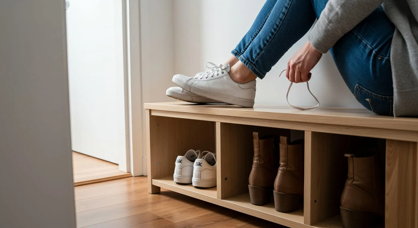 A narrow wooden shoe bench with cubbies, showing sneakers and boots neatly stored in an apartment hallway.