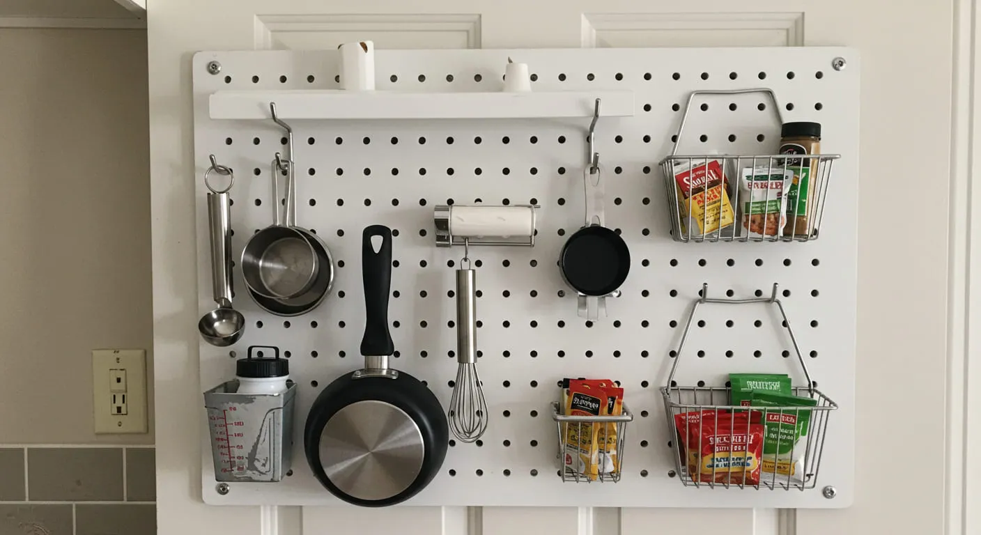 A pegboard inside a pantry door, customized with hooks and baskets to store various kitchen tools and supplies.