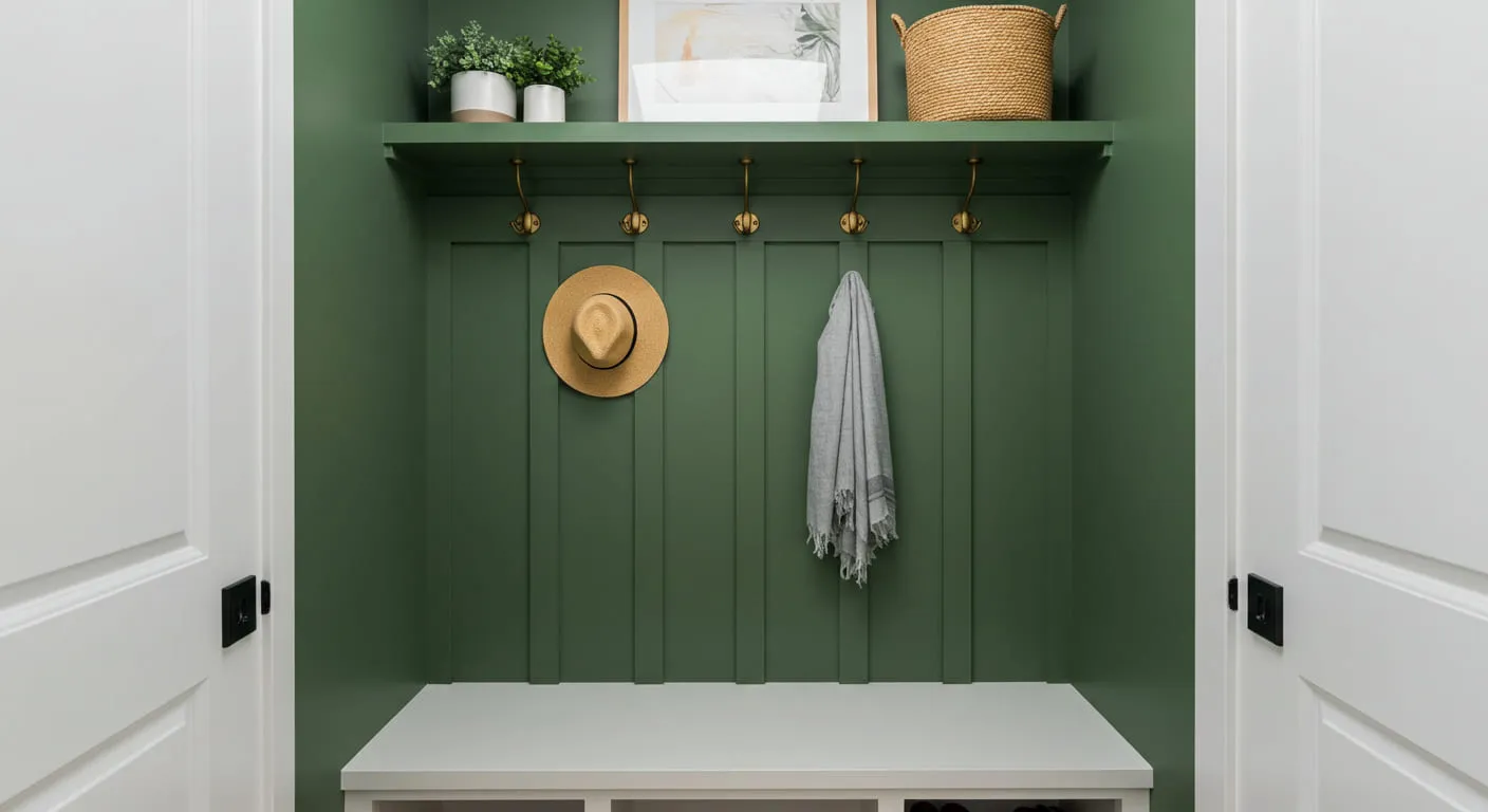 A formerly cluttered closet transformed into a beautiful mudroom nook with a sage green accent wall, bench, and hooks.
