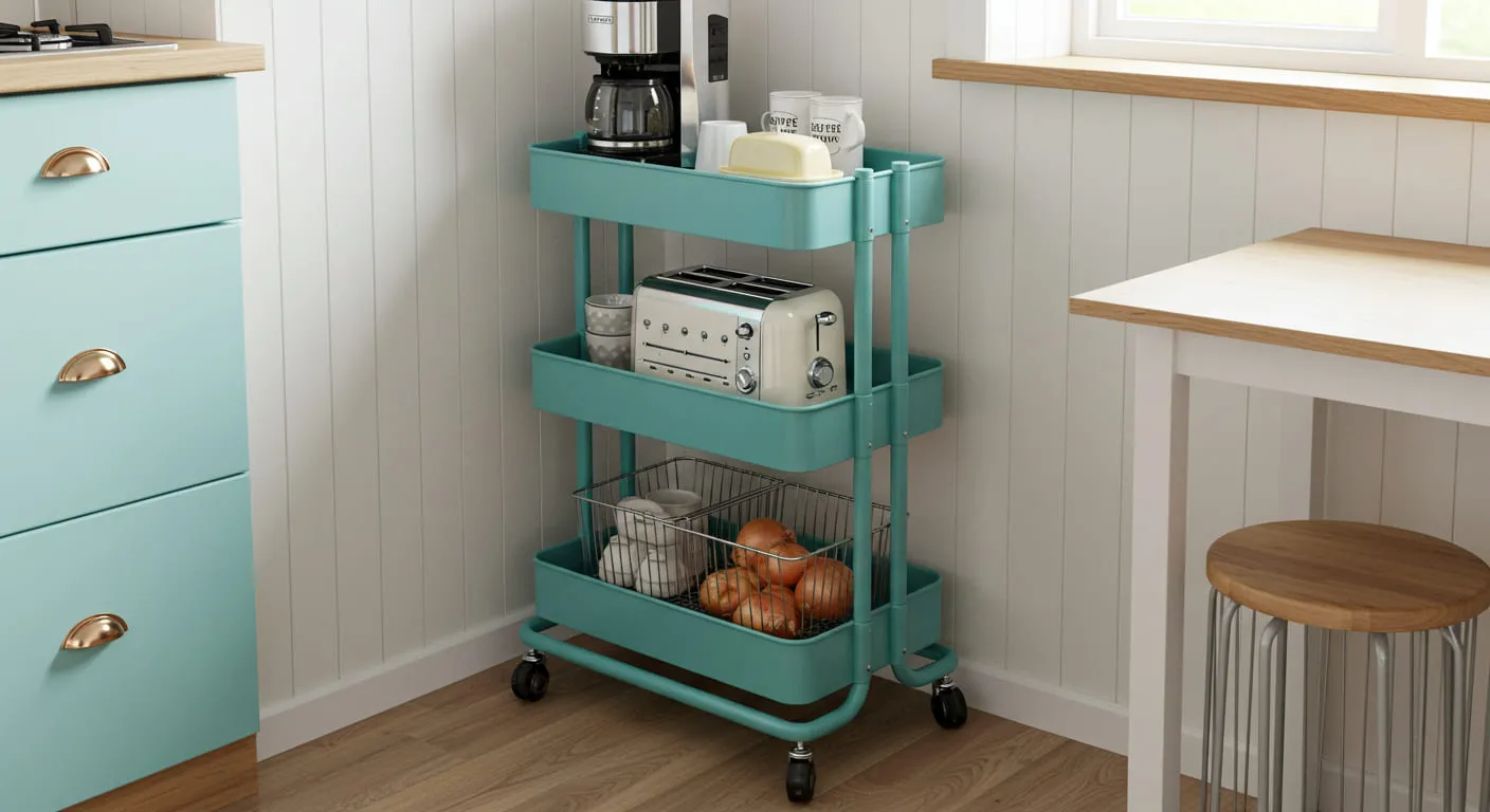 A stylish rolling utility cart used as a mobile station for a coffee maker, toaster, and other kitchen essentials.