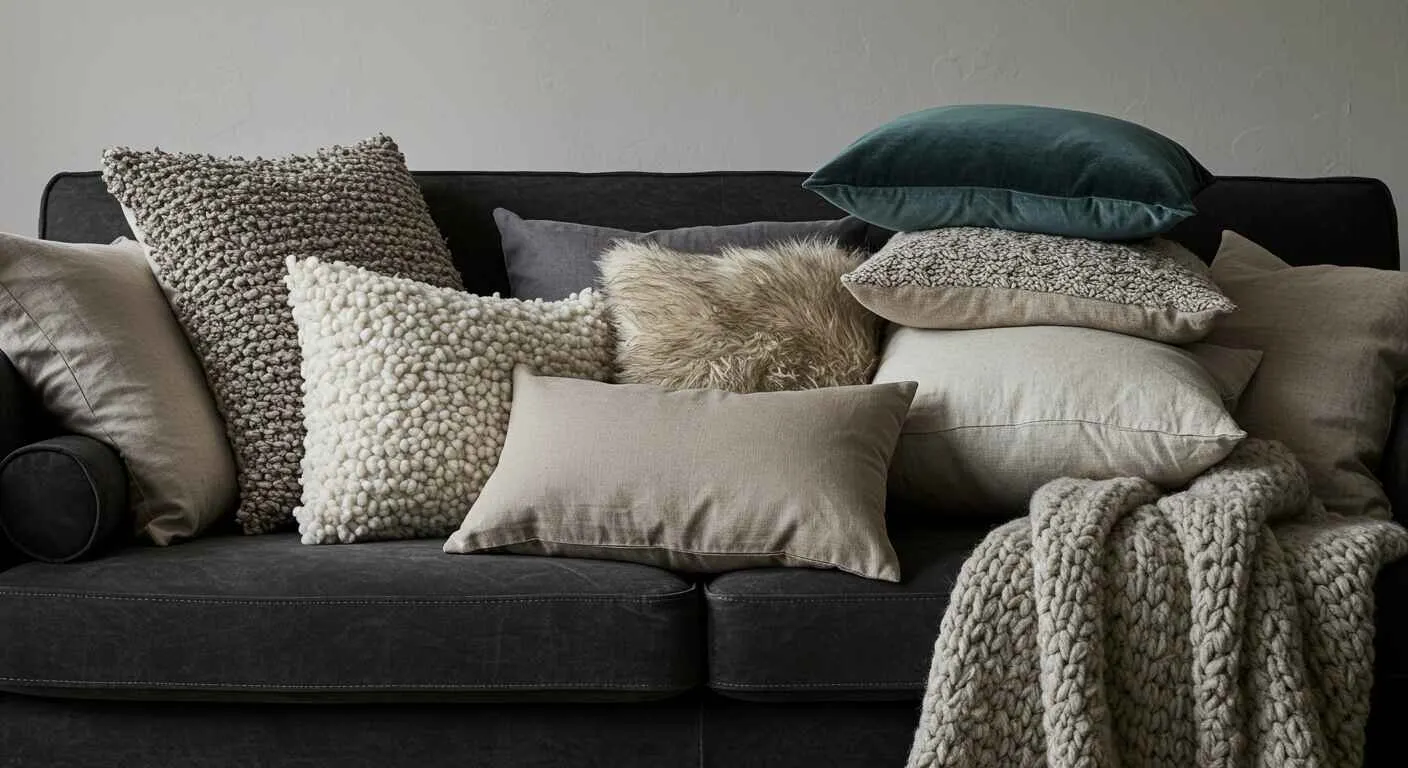 A comfortable sofa decorated with layers of pillows and a throw blanket in various rich textures.