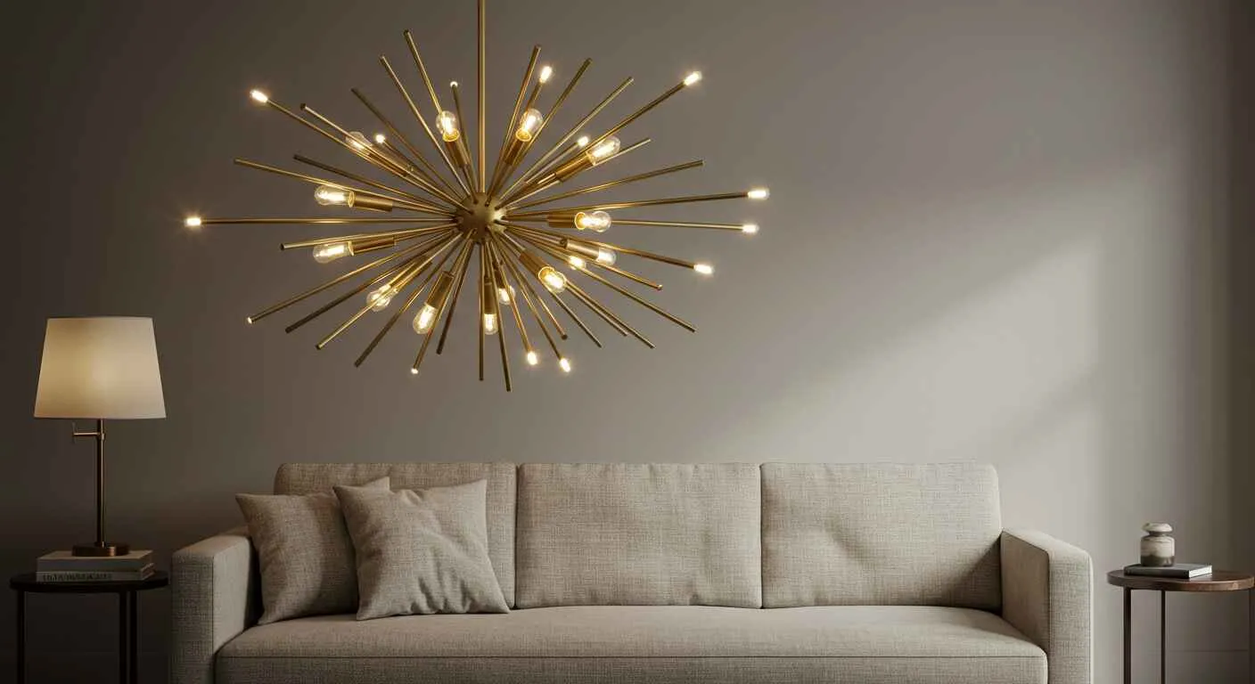 A large, modern statement pendant light hanging in a stylish living room, instantly elevating the space.