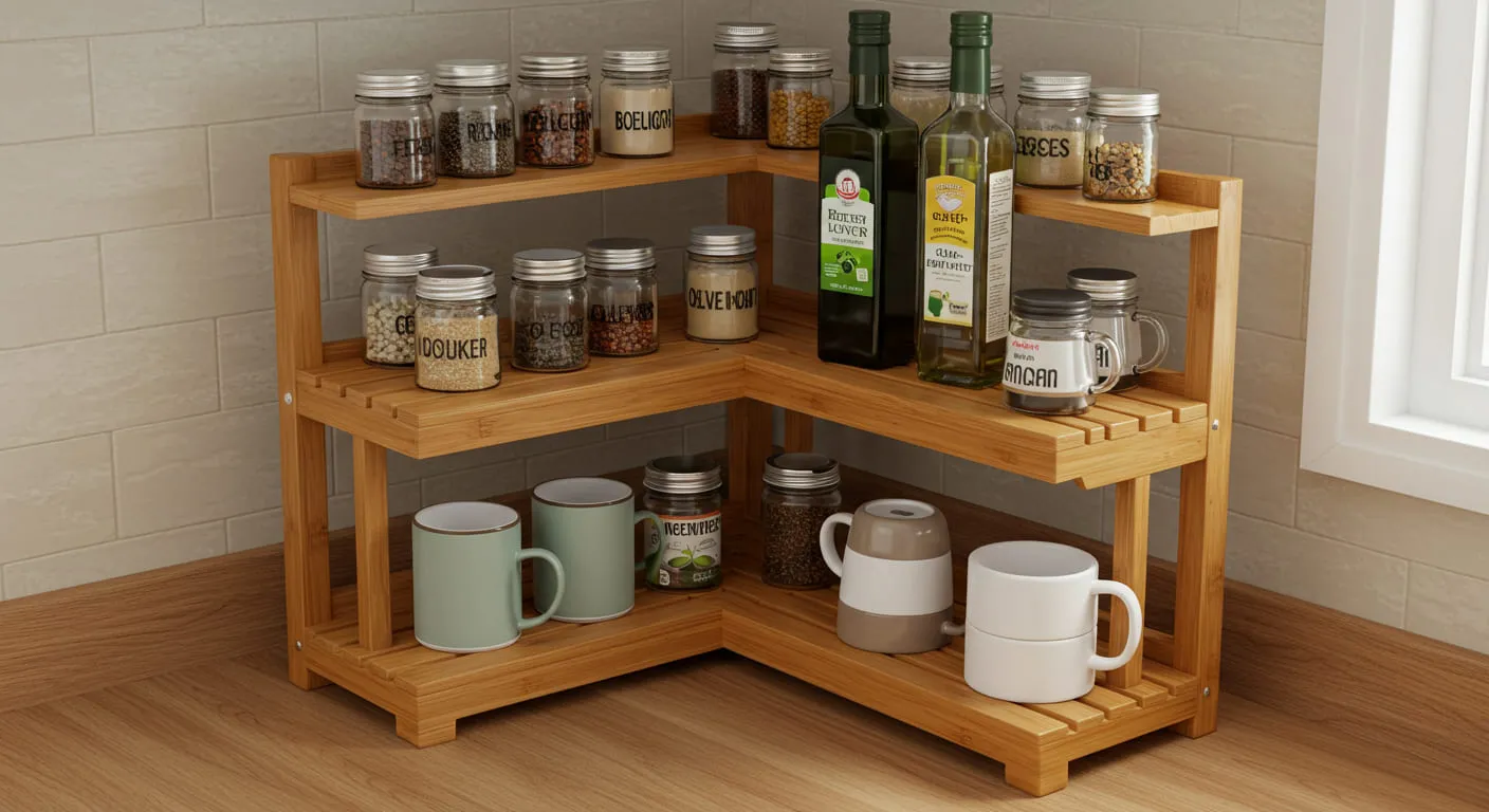 A tiered corner shelf on a countertop, effectively using corner space to store spices, oils, and mugs.