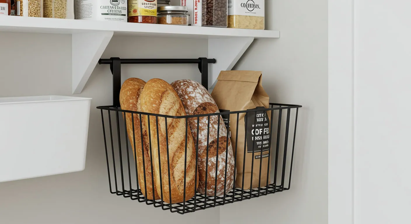 A wire basket hanging from the bottom of a pantry shelf, creating extra storage space for bread and other items.
