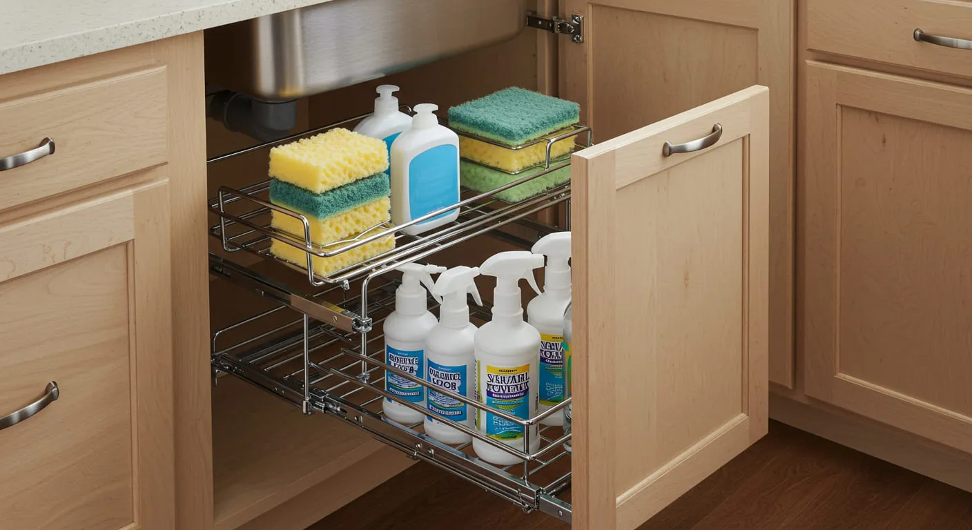 A pull-out tiered organizer under a kitchen sink, holding cleaning supplies neatly.