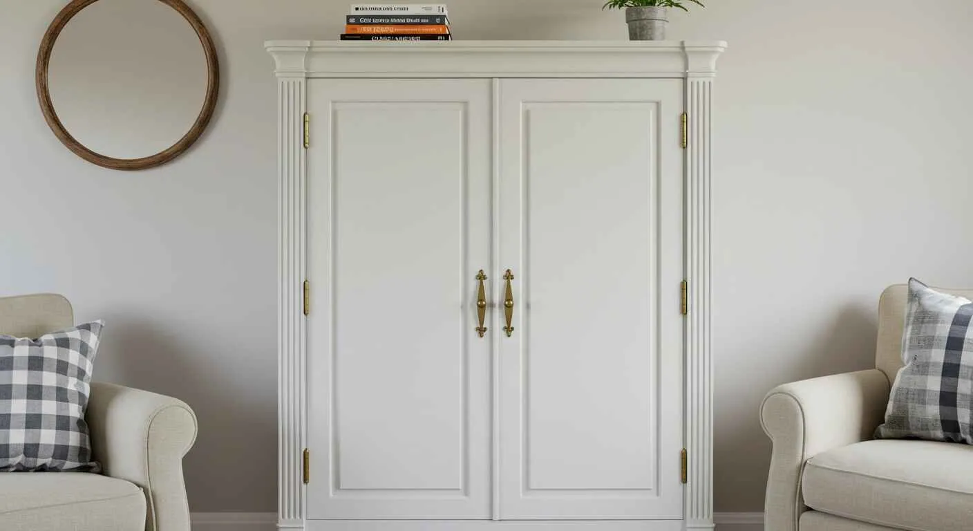 A stunning white upcycled armoire with new gold handles, showcasing how thrifted furniture can look expensive.