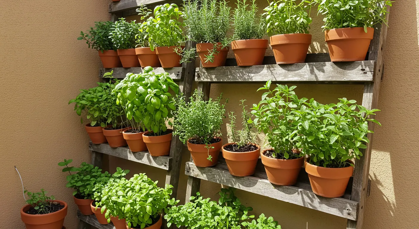 A space-saving vertical garden on a patio wall, filled with fresh herbs growing in terracotta pots on a wooden structure.