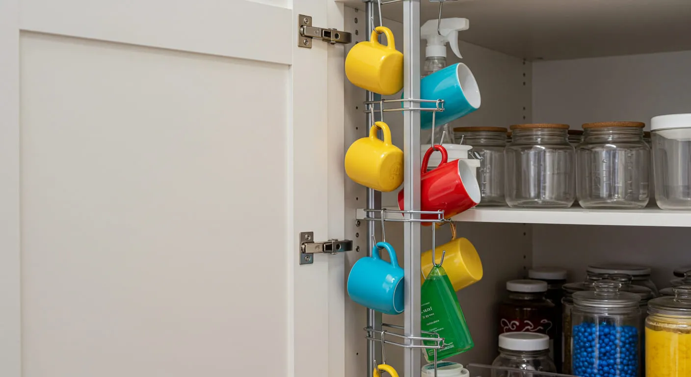 A tension rod installed vertically inside a pantry, with S-hooks used to hang mugs and spray bottles.