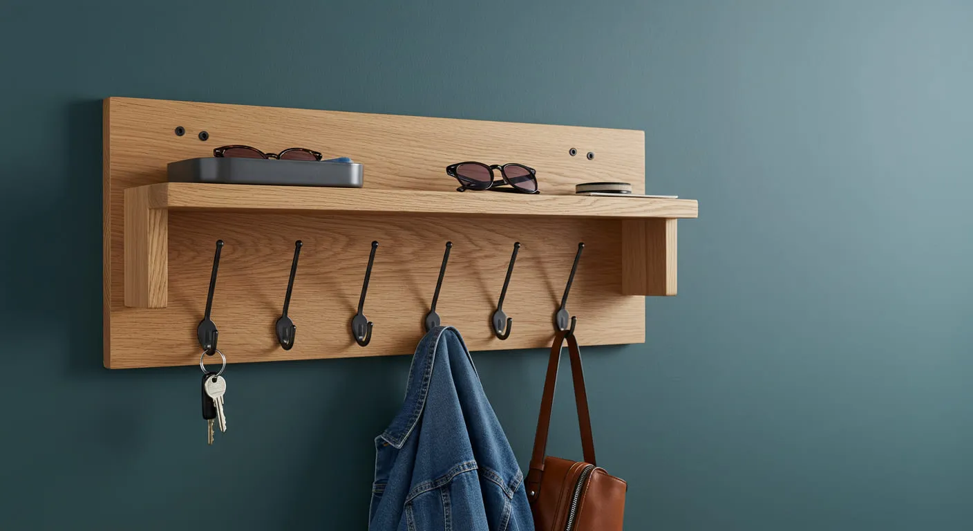 A stylish vertical mudroom solution with a floating oak shelf and matte black hooks against a teal wall.