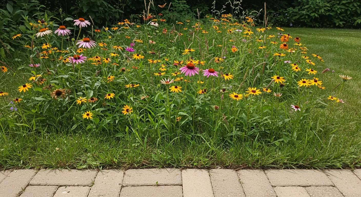 A beautiful border of native wildflowers like coneflowers and black-eyed Susans at the edge of a patio, attracting butterflies.